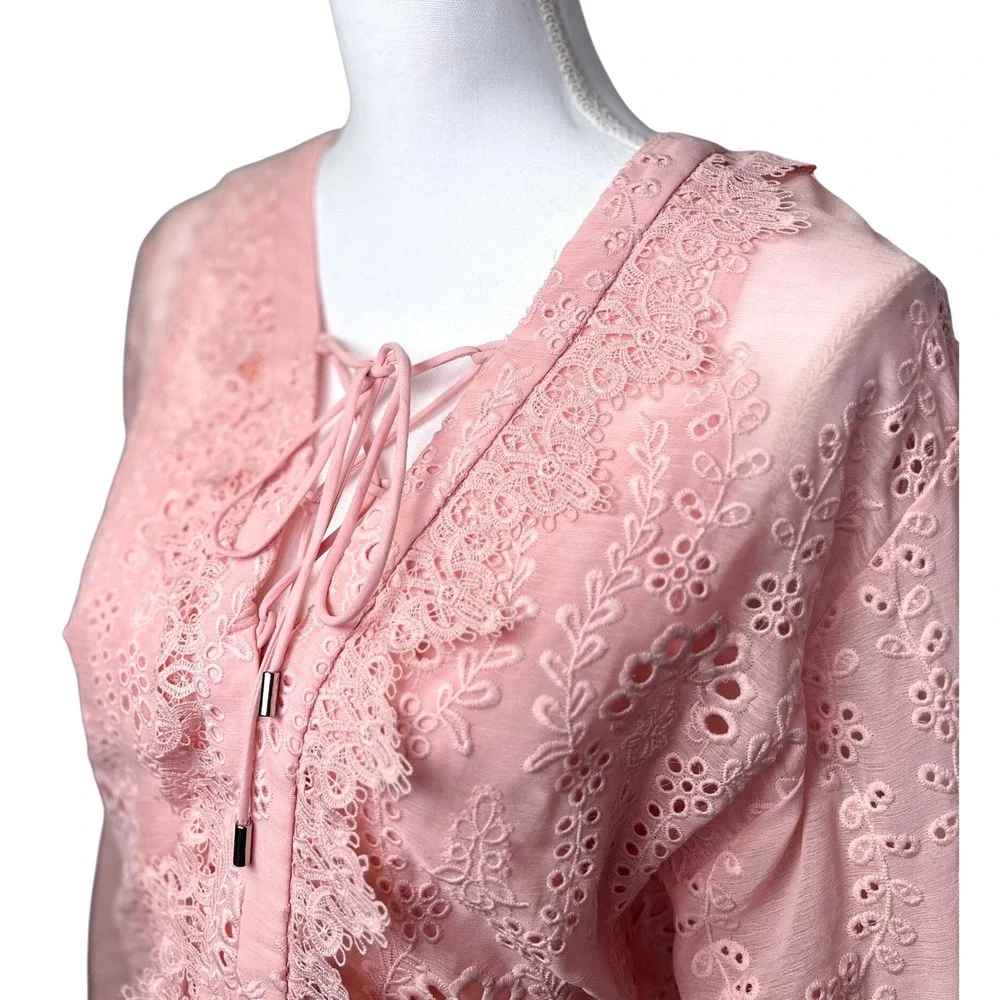 White House Black Market  Pink Eyelet Lace Dress V Neck Smocked Waist Mini Small - Picture 4 of 12